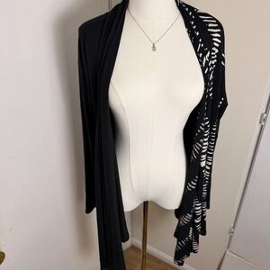 Ozai N Ku Womens Black Gray Abstract Open Front Cardigan Medium Artsy Lagenlook